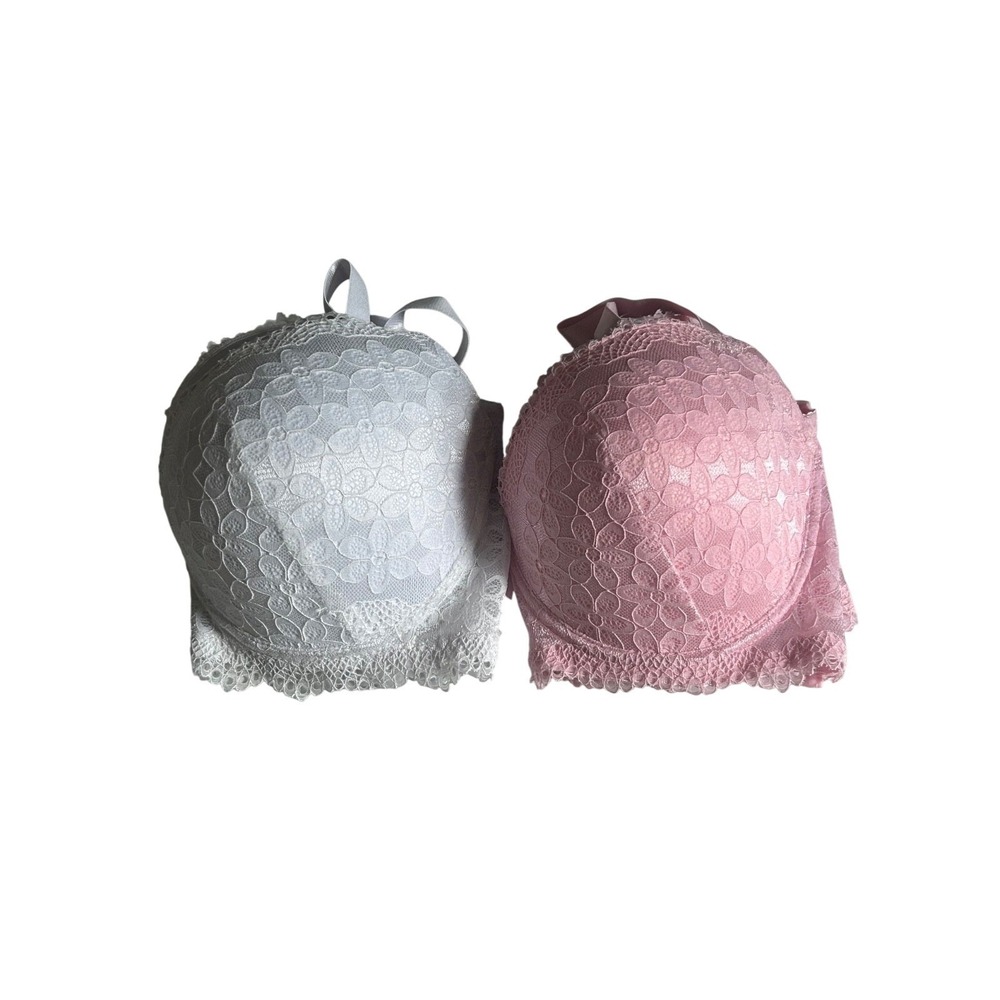 Set ot 2 Womens Padded Push Up Underwire Bras Size 36DD Pink White Floral Lace